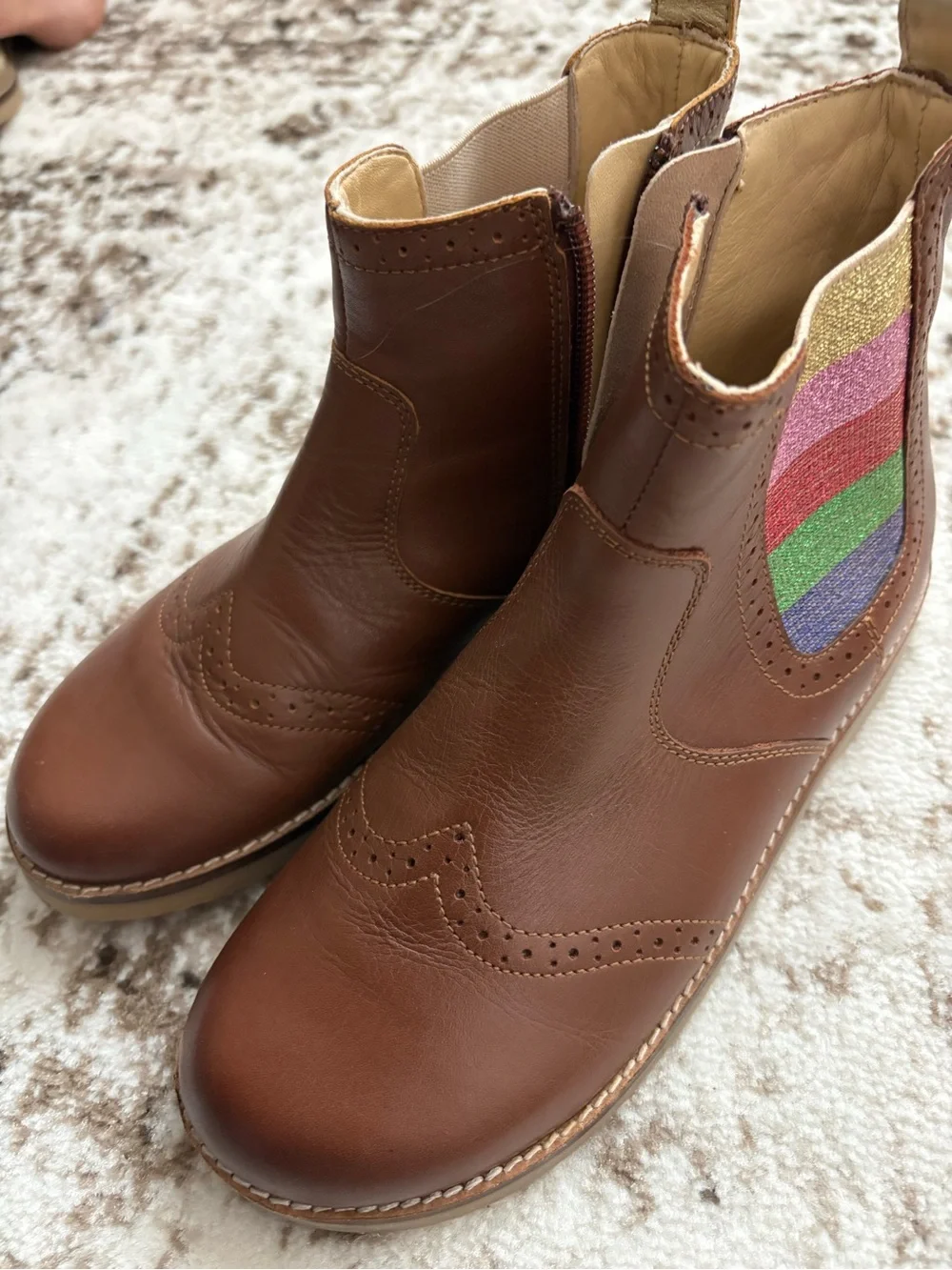 Mini Boden Brown Kids Chelsea Boots with Rainbow Glitter Panel